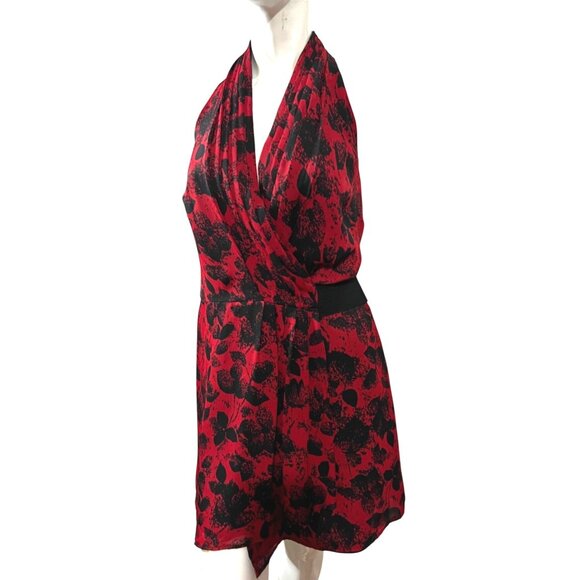 BCBGeneration Red Floral Mini Wrap Dress Sz Small Womens Red & Black Side Wrap - Picture 2 of 16